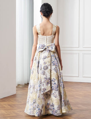 後ろシャーリング仕様のジュニアドレス 花柄ラベンダー リボン付|ピアノ発表会向け・140〜160cm対応