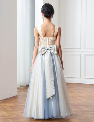 後ろシャーリング仕様のジュニアドレス ブルーグレー リボン付|ピアノ発表会向け・140〜160cm対応