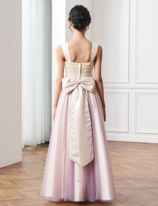 後ろシャーリング仕様のジュニアドレス ラベンダー リボン付|ピアノ発表会向け・140〜160cm対応