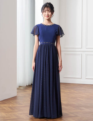 コンクール用ジュニアドレス 袖付き|ダークネイビー ロング丈ドレス・140〜160cm対応