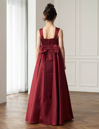 後ろシャーリング仕様のジュニアドレス ワインレッド リボン付き|ピアノ発表会向け・140〜160cm対応