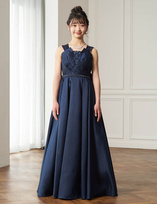 ピアノ発表会用ジュニアドレス(肩紐付き)ダークネイビー|140〜160cm対応・ロング丈ドレス