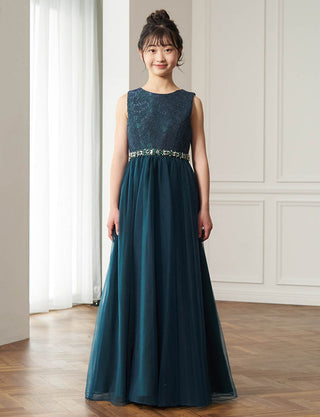 ピアノ発表会用ジュニアドレス(ノースリーブ)ダークグリーン|140〜160cm対応・ロング丈ドレス