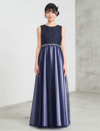 ピアノ発表会用ジュニアドレス(ノースリーブ)ネイビーシルバー|140〜160cm対応・ロング丈ドレス