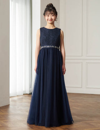 ピアノ発表会用ジュニアドレス(ノースリーブ)ダークネイビー|140〜160cm対応・ロング丈ドレス