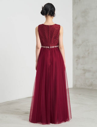 後ろファスナー仕様のジュニアドレス ワインレッド|ピアノ発表会向け・140〜160cm対応