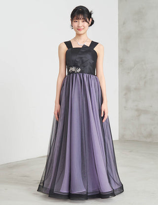 ピアノ発表会ドレス ブラック×ラベンダー|肩紐あり・ジュニア用ドレス 140〜160cm