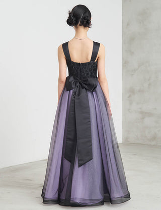 後ろシャーリング仕様のジュニアドレス ブラック×ラベンダー リボン付|ピアノ発表会向け・140〜160cm対応