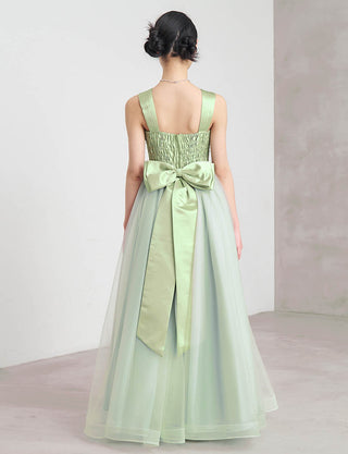 後ろシャーリング仕様のジュニアドレス ペールグリーン リボン付|ピアノ発表会向け・140〜160cm対応