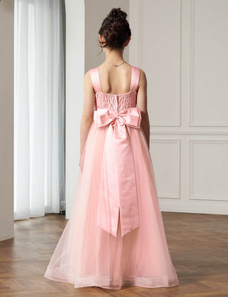 後ろシャーリング仕様のジュニアドレス ピンク リボン付|ピアノ発表会向け・140〜160cm対応