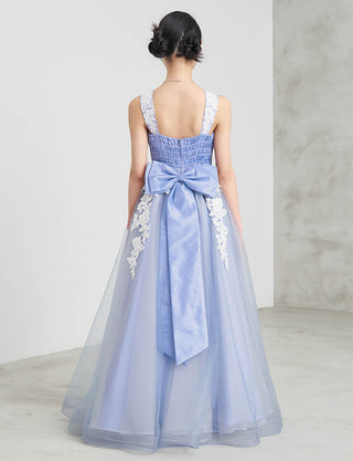 後ろシャーリング仕様のジュニアドレス ブルーグレー リボン付|ピアノ発表会向け・140〜160cm対応