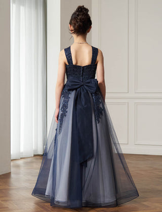 後ろシャーリング仕様のジュニアドレス ダークネイビー リボン付|ピアノ発表会向け・140〜160cm対応