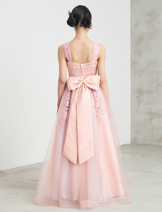 後ろシャーリング仕様のジュニアドレス ピンク リボン付|ピアノ発表会向け・140〜160cm対応