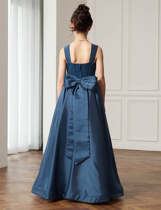 後ろシャーリング仕様のジュニアドレス ミッドナイトブルー リボン付|ピアノ発表会向け・140〜160cm対応