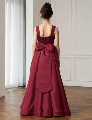 後ろシャーリング仕様のジュニアドレス ワインレッド リボン付|ピアノ発表会向け・140〜160cm対応