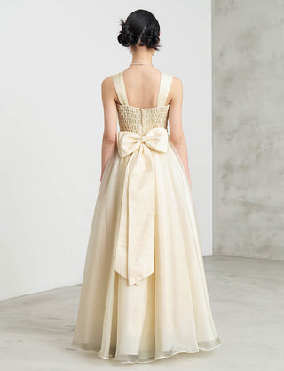 後ろシャーリング仕様のジュニアドレス シャンパンゴールド リボン付|ピアノ発表会向け・140〜160cm対応