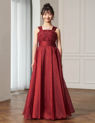ピアノ発表会ドレス ダークレッド|肩紐あり・ジュニア用ドレス 140〜160cm