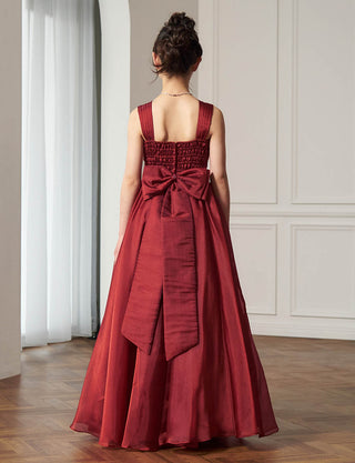 後ろシャーリング仕様のジュニアドレス ダークレッド リボン付|ピアノ発表会向け・140〜160cm対応