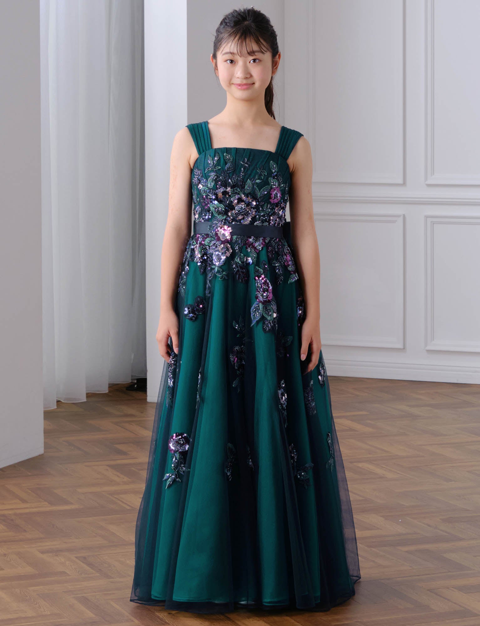 ジュニアドレス ネイビーグリーン・フローラル刺繍×チュールロング