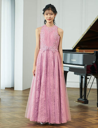 上品な発表会用ジュニアドレス ノースリーブ|ピンク ロング丈ドレス・140〜160cm対応