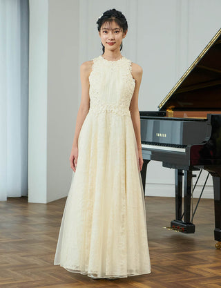 上品な発表会用ジュニアドレス ノースリーブ|アイボリー ロング丈ドレス・140〜160cm対応