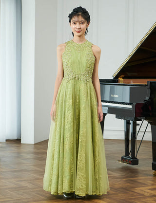 上品な発表会用ジュニアドレス ノースリーブ|ピスタチオ ロング丈ドレス・140〜160cm対応