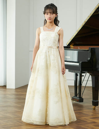 華やかなピアノ発表会用ジュニアドレス アイボリーゴールド|肩紐あり・ジュニア用ドレス 140〜160cm