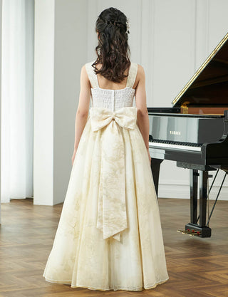 後ろシャーリング仕様のジュニアドレス アイボリーゴールド リボン付|ピアノ発表会向け・140〜160cm対応
