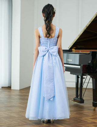 後ろシャーリング仕様のジュニアドレス パステルブルー リボン付|ピアノ発表会向け・140〜160cm対応