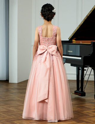 後ろシャーリング仕様のジュニアドレス ピンク リボン付|ピアノ発表会向け・140〜160cm対応