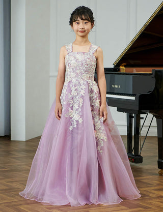 上品な演奏会用ジュニアドレス ラベンダー 花柄レース|肩紐あり・ジュニア用ドレス 140〜160cm