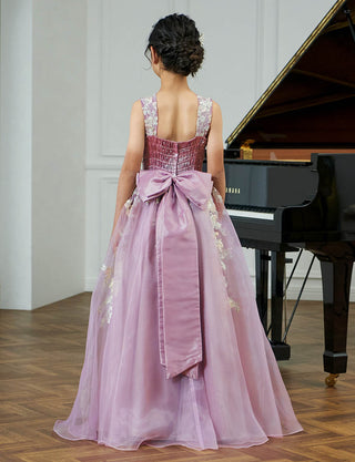 後ろシャーリング仕様のジュニアドレス ラベンダー 花柄レース リボン付|ピアノ発表会向け・140〜160cm対応