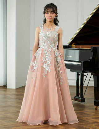 上品な演奏会用ジュニアドレス ピンクベージュ 花柄レース|肩紐あり・ジュニア用ドレス 140〜160cm