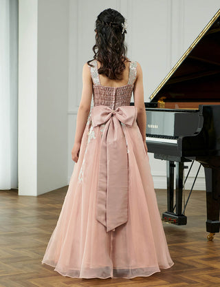 後ろシャーリング仕様のジュニアドレス ピンクベージュ 花柄レース リボン付|ピアノ発表会向け・140〜160cm対応