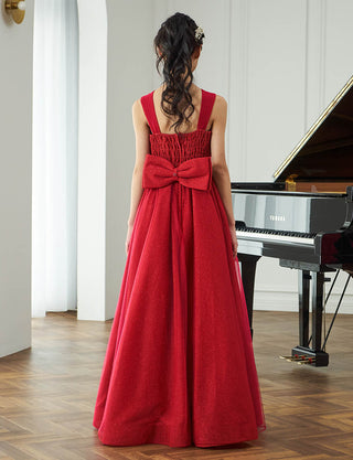 後ろシャーリング仕様のジュニアドレス レッドピンク リボン付|ピアノ発表会向け・140〜160cm対応