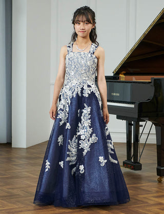 ゴージャスな演奏会用ジュニアドレス レース パープルネイビー|肩紐あり・ジュニア用ドレス 140〜160cm