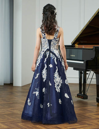 後ろ編み上げ紐仕様のジュニアドレス レース パープルネイビー|ピアノ演奏会向け・140〜160cm対応