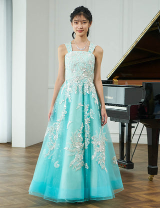 ゴージャスな演奏会用ジュニアドレス レース ペールグリーン|肩紐あり・ジュニア用ドレス 140〜160cm