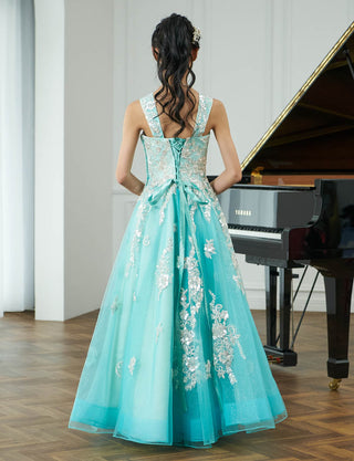 後ろ編み上げ紐仕様のジュニアドレス レース ペールグリーン|ピアノ演奏会向け・140〜160cm対応