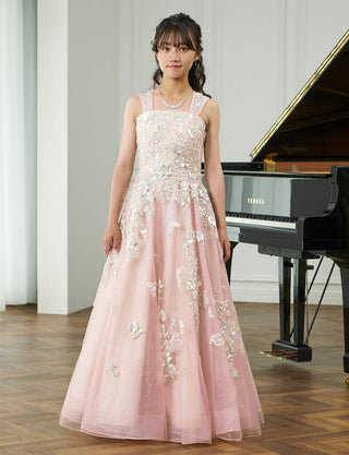 ゴージャスな演奏会用ジュニアドレス レース ピンクゴールド|肩紐あり・ジュニア用ドレス 140〜160cm