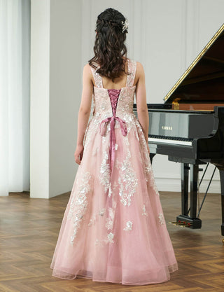 後ろ編み上げ紐仕様のジュニアドレス レース ピンクゴールド|ピアノ演奏会向け・140〜160cm対応