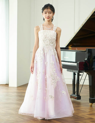 ゴージャスな演奏会用ジュニアドレス レース ペールラベンダー|肩紐あり・ジュニア用ドレス 140〜160cm