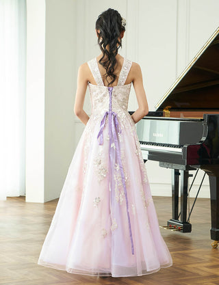 後ろ編み上げ紐仕様のジュニアドレス レース ペールラベンダー|ピアノ演奏会向け・140〜160cm対応