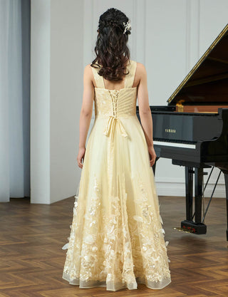 後ろ編み上げ紐仕様のジュニアドレス レース エクリュ|ピアノ発表会向け・140〜160cm対応