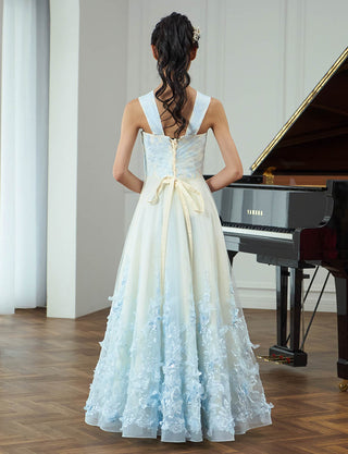 後ろ編み上げ紐仕様のジュニアドレス レース パステルブルー|ピアノ発表会向け・140〜160cm対応