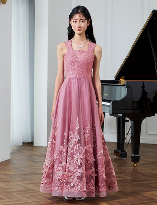 華やかな演奏会用ジュニアドレス レース ピンクローズ|肩紐あり・ジュニア用ドレス 140〜160cm