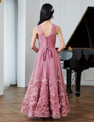 後ろ編み上げ紐仕様のジュニアドレス レース ピンクローズ|ピアノ発表会向け・140〜160cm対応