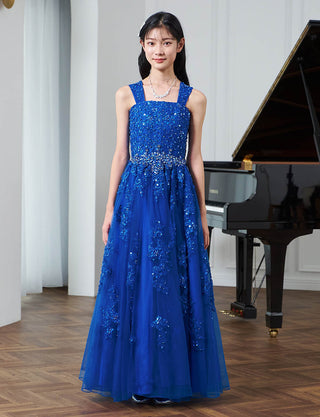 華やかな演奏会用ジュニアドレス レース ロイヤルブルー|肩紐あり・ジュニア用ドレス 140〜160cm