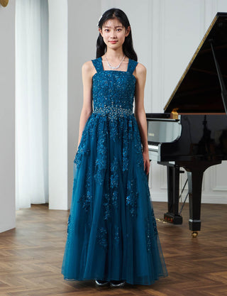 華やかな演奏会用ジュニアドレス レース ペトロールグリーン|肩紐あり・ジュニア用ドレス 140〜160cm