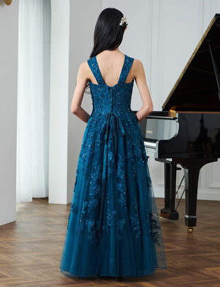 後ろ編み上げ紐仕様のジュニアドレス レース ペトロールグリーン|ピアノ発表会向け・140〜160cm対応